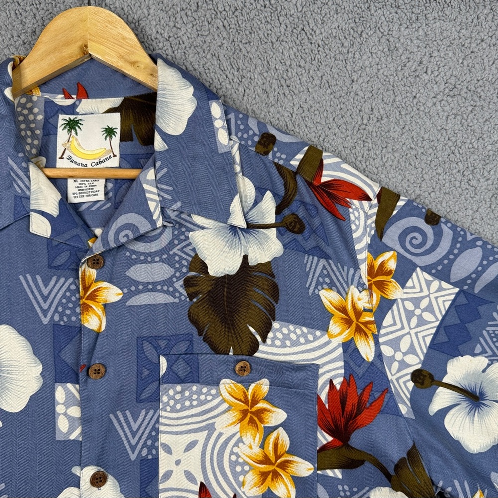 Banana Cabana Shirt Mens XL Blue Floral All Over Print 100% Silk Loop Collar